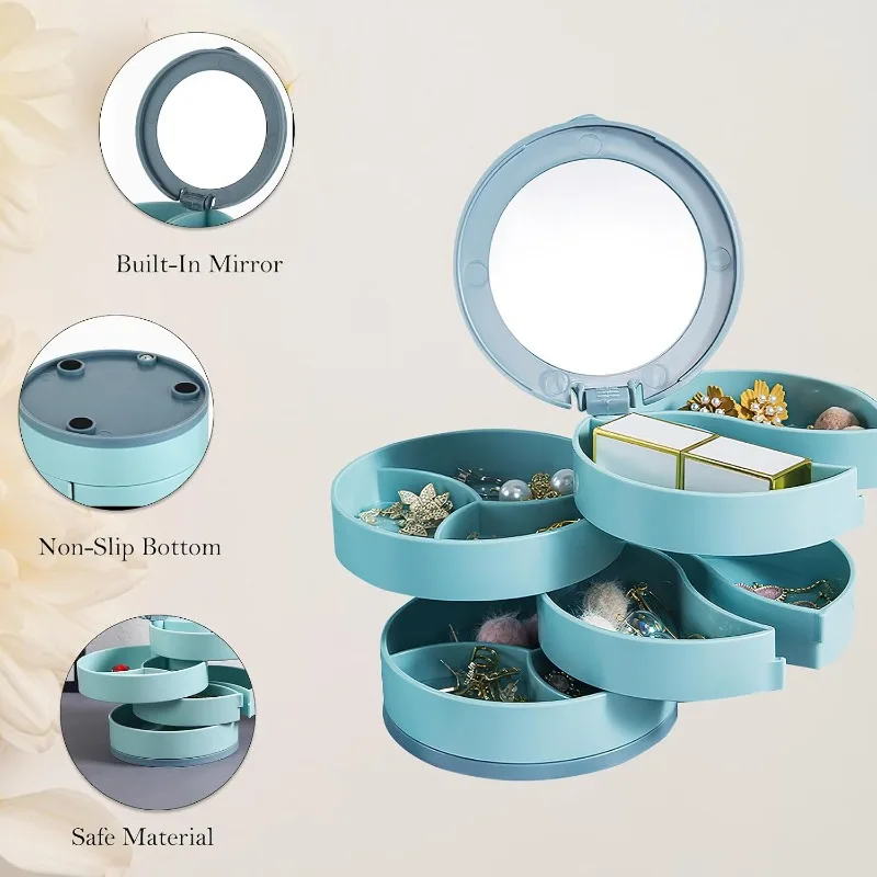 4 Layer Rotating Jewelry Organizer Box with Built-in Mirror Portable Small Earring Ring Necklace Storage Case for Travel Dresser