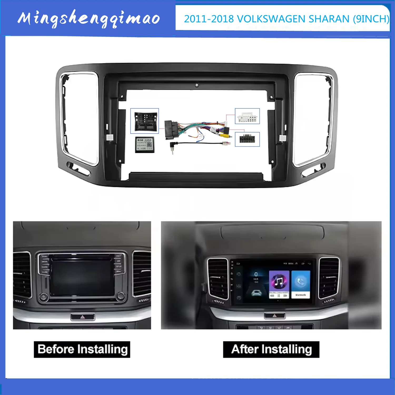 

9'' Car Radio Frame For Volkswagen VW Sharan 2012-2018 Auto Radio Panel Wire Sleeve Frame Dashboard Car Mount Kit