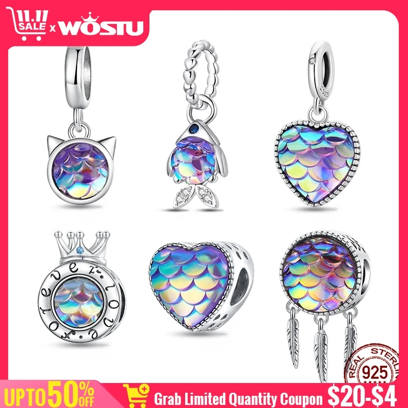 WOSTU 100% 925 Sterling Silver Blue Purple Fish Charms Beads Heart Pendants Fit Original DIY Bracelet Necklace Jewelry for Women