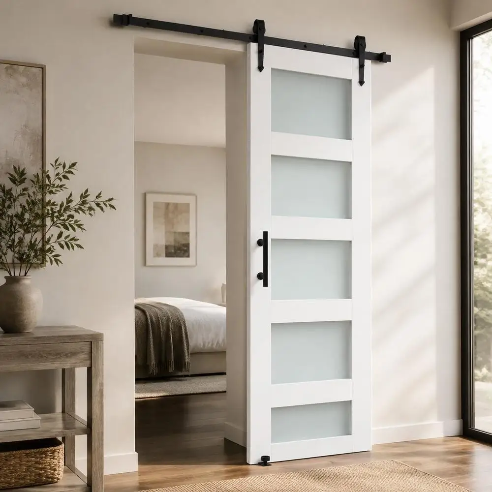 Schiebetürpaneel 30 x 84 Zoll für Wohnzimmer, Küche, Arbeitszimmer, hochfeste MDF-Platte, Glasschiebetür-Hardware-Set, PVC-Oberfläche, H-Rahmen, reibungsloser und leiser Schiebebetrieb.