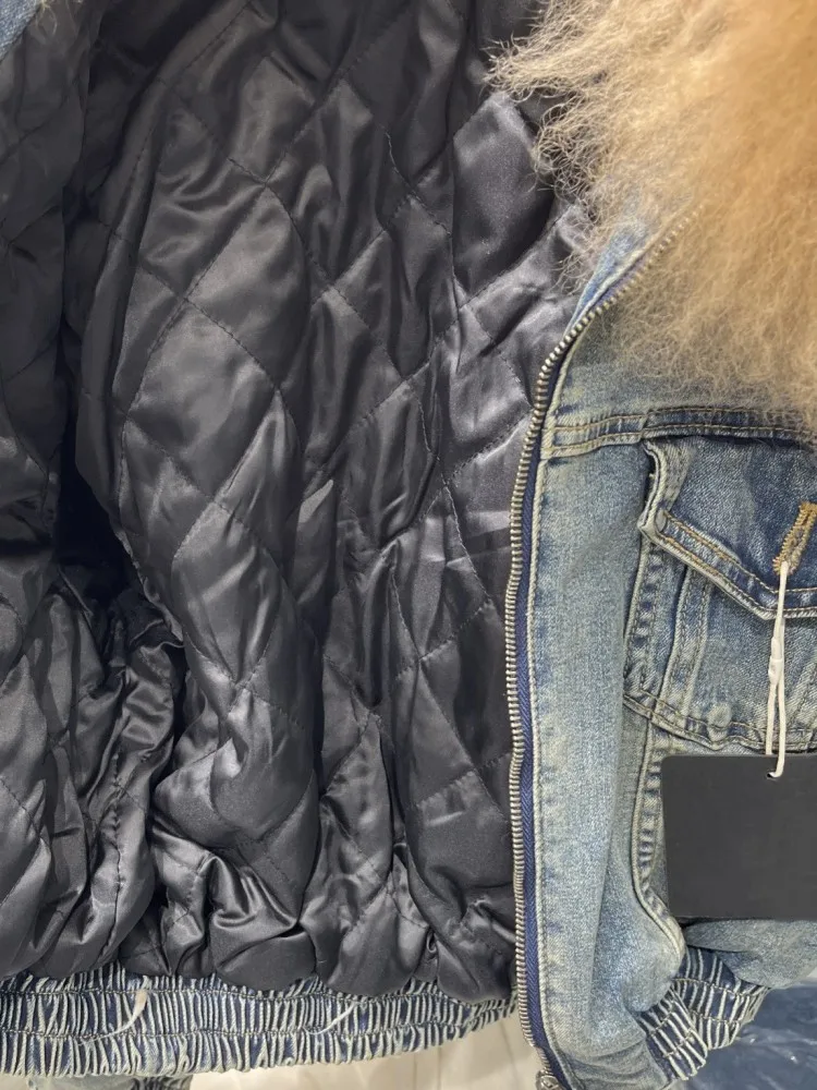 Vrouwen Vintage Denim Jas Nepbontkraag Herfst Winter Gewatteerde Voering Korte Jas High Street Vrouwelijke Loose Fit Casual Bovenkleding