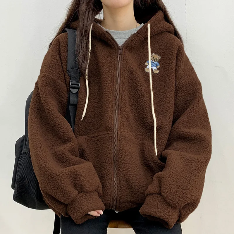 Temperament Fashion Bear Embroidery Lamb Hair Zipper Hooded Sweatshirt Sweater Coat Female Autumn and Winter New Korean Version