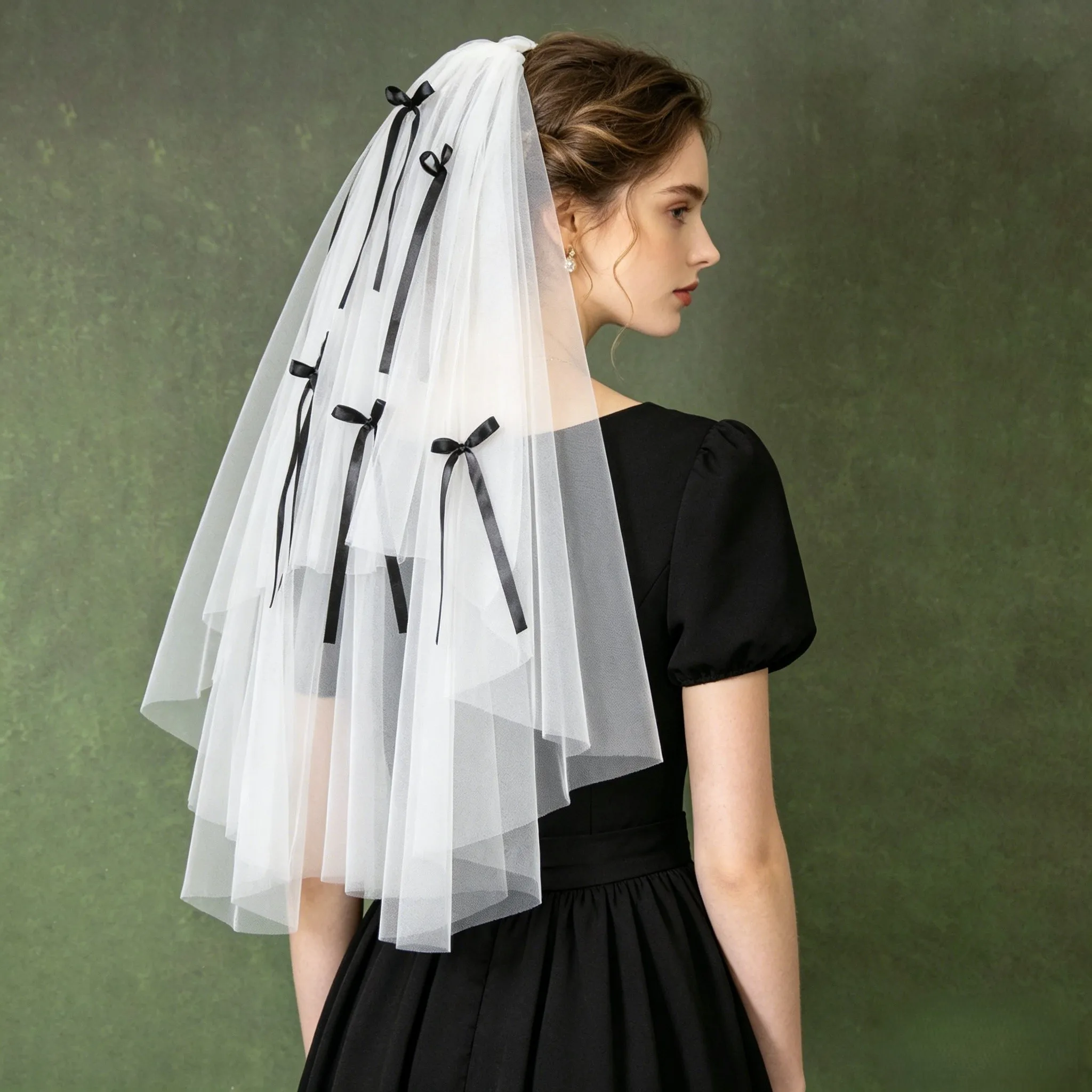 Double Layer Wedding Veil with Black Ribbon Bows Tulle Bridal Veil Elopement Veil Gothic Lolita Veil Party Prom Accessories G144