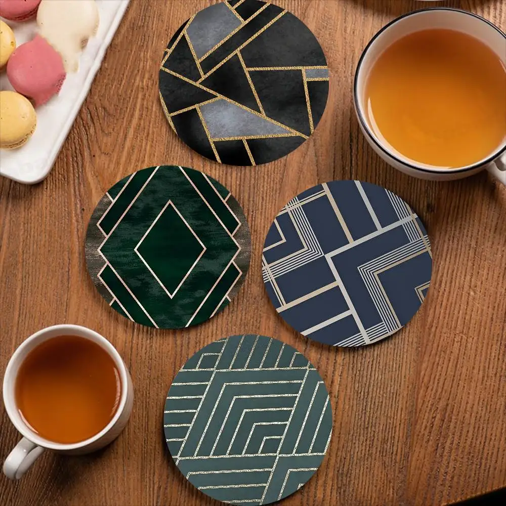 Golden Line Marble Pattern Art Painted Wooden Anti-slip Coasters, Suitable For Decoration Of Living Room Kitchenware