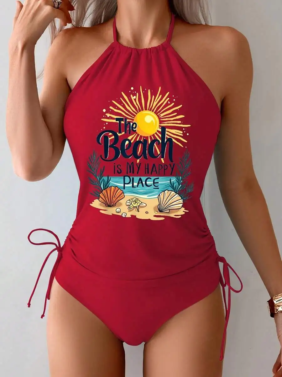 

Beach Is My Happy Place Halter Neck Drawstring Tankini Swimsuit Two Pieces