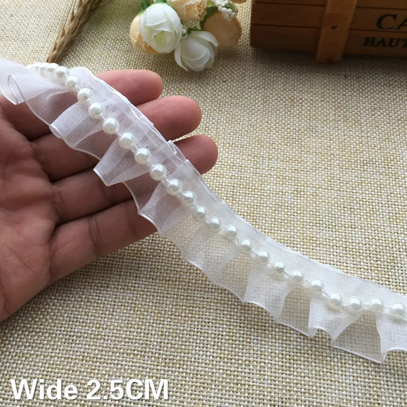 2.5CM Wide Luxury White Organza Tulle 3d Pleated Lace Applique Beaded Fringe Trim Ribbon Dress Collar Hats Sewing Supplies Decor