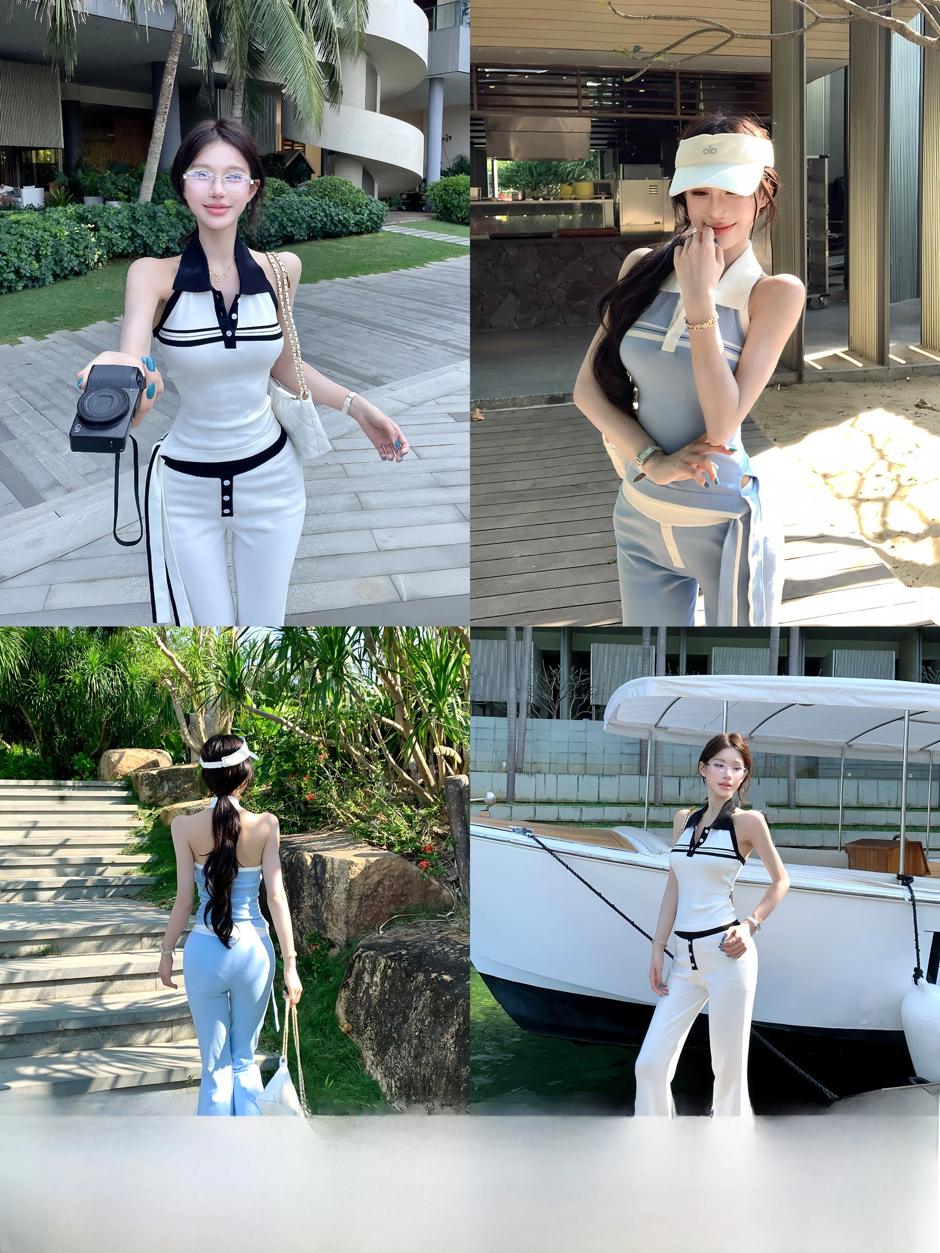 

Dustdip Club Sleeveless Neck Hanging Vest High Waist Flared Pants Color Block Two-Piece Set Women's Fashion Summer Outfit