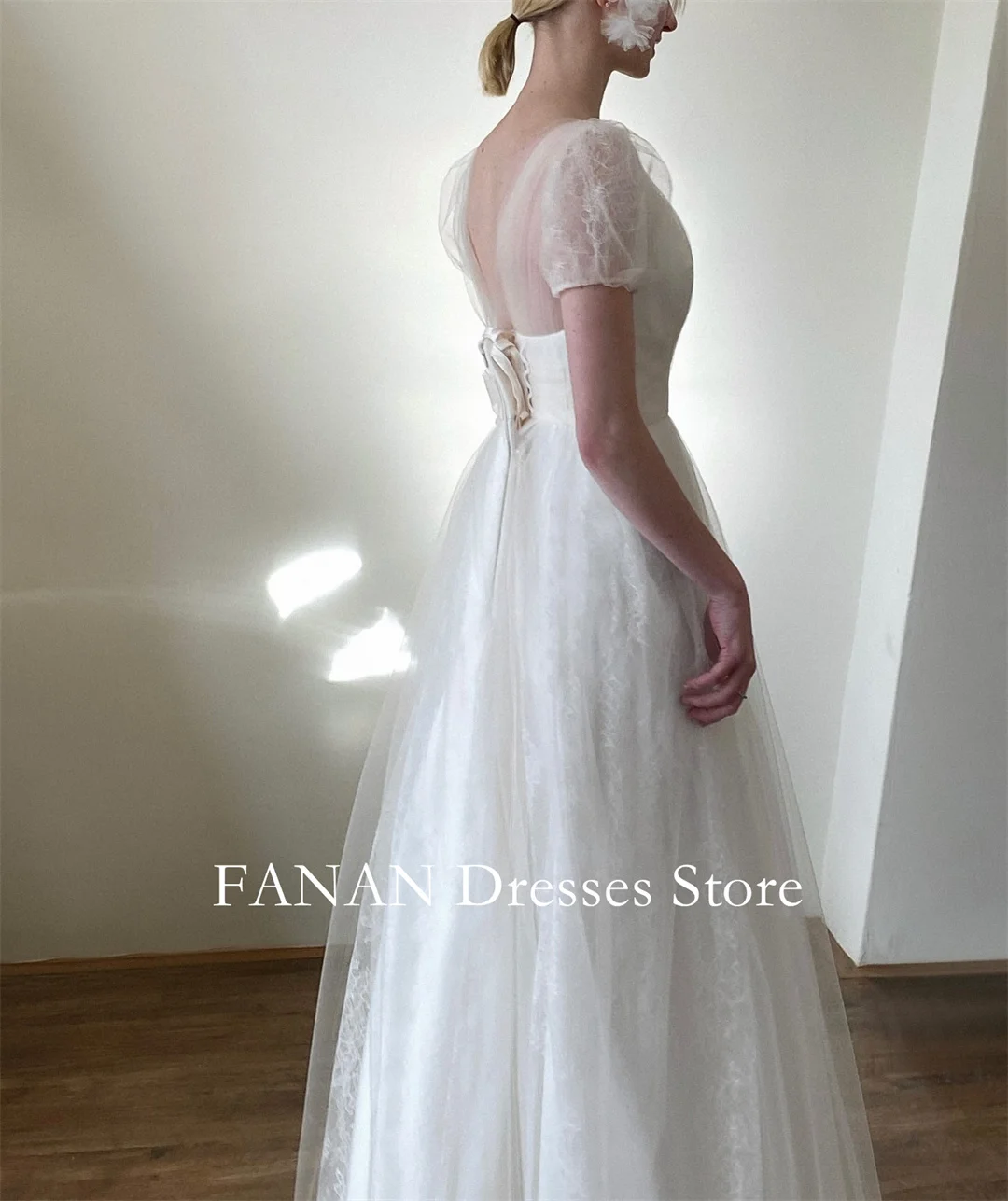 FANAN O-คอเกาหลี Ivory A-Line Corset ชุดแต่งงาน Tulle แขนสั้นที่กําหนดเองสวยเจ้าสาว Gowns PLUS ขนาด