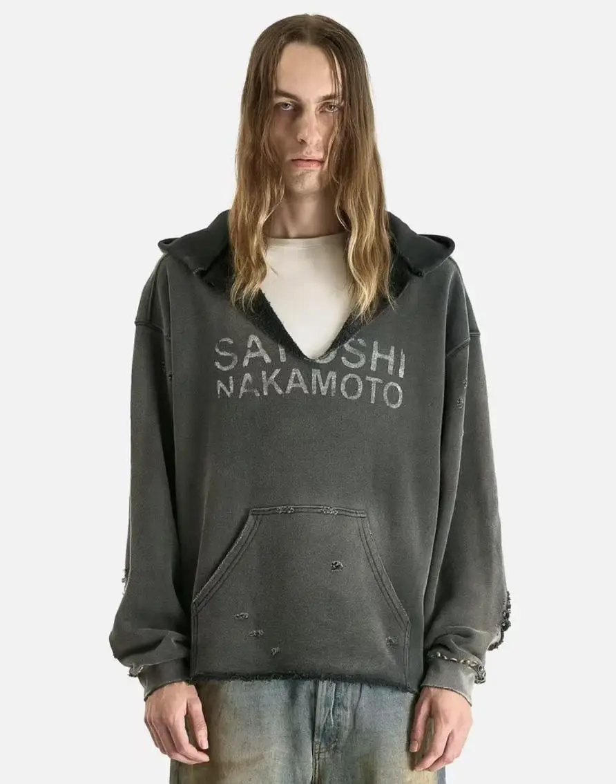 SATOSHI N Brand 26SS”DESTRUCTO' STUDDED WASHED“ Distressed High-Street Hip-Pop Cotton Oversized Hoodies Sweater For Men