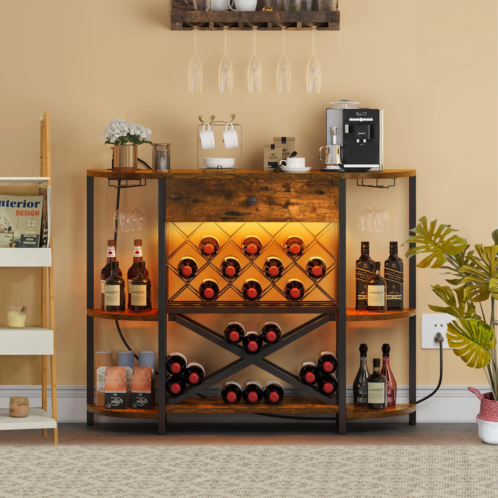 3 Tier Coffee Bar Wine Cabinet with LED Lights & Power Outlets Liquor Wine Rack