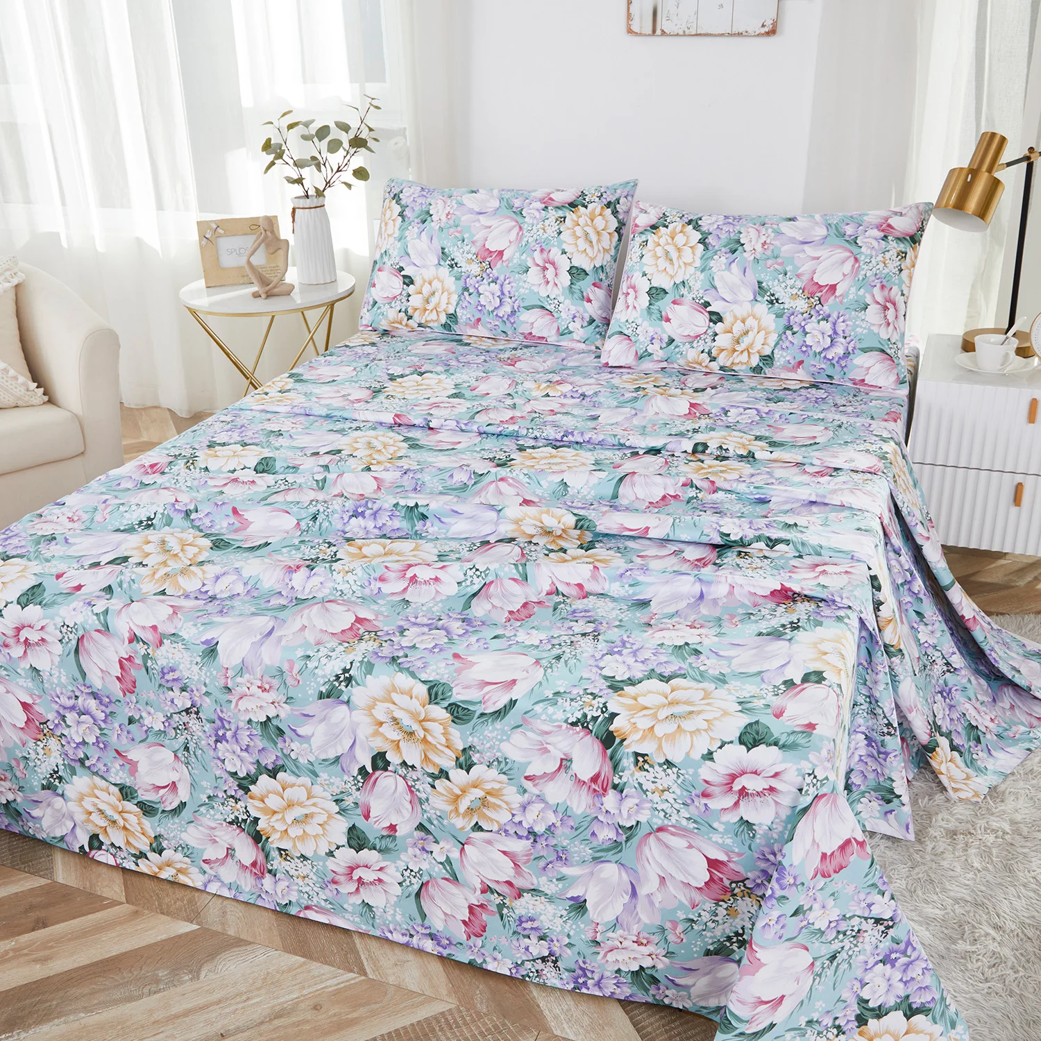 Egyptian Cotton Fitted Sheet Set Garden Flower Print