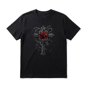 Gothic Rose Cross Men's Graphic TShirt, 100% Cotton Short Sleeve Soft Top, Vintage Artistic Graphic Print Design, for Daily Wear, Streetwear, Outdoor, Birthday Gift, Gift for Men, Women and Friends