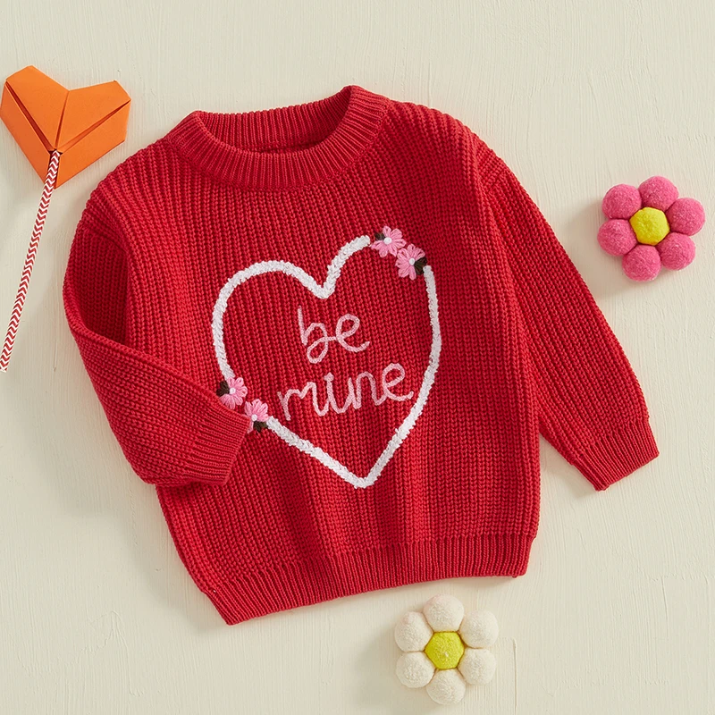 Valentine s Day Sweater for Girls Long Sleeve Heart Pattern Knit Pullover Jumper Top with Floral Embroidery Detail