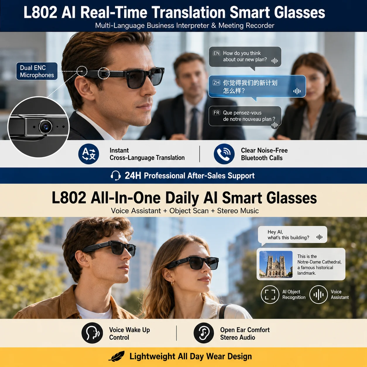 L802 AI Translation Smart Glasses Real-time Multi-language Interpreter ENC Noise Reduction Business Meeting Record Bluetooth