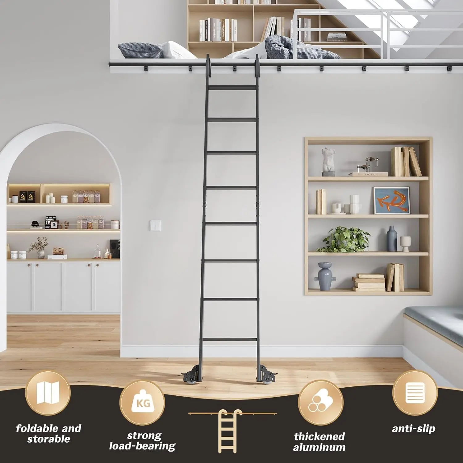 

Aluminium Rolling Library Step Ladder 108" with 4FT Sliding Hardware Track Kit Bottom Wheel Included,for Kitchen,Loft