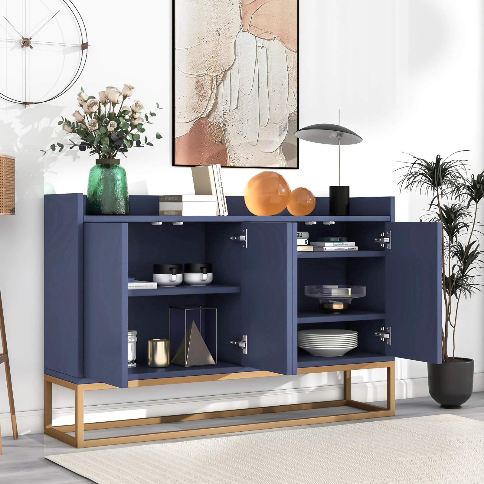 Rosahqnda Modernes dressoir in minimalistische stijl, 4-deurs greeploze buffetkast voor eetkamer, woonkamer, keuken