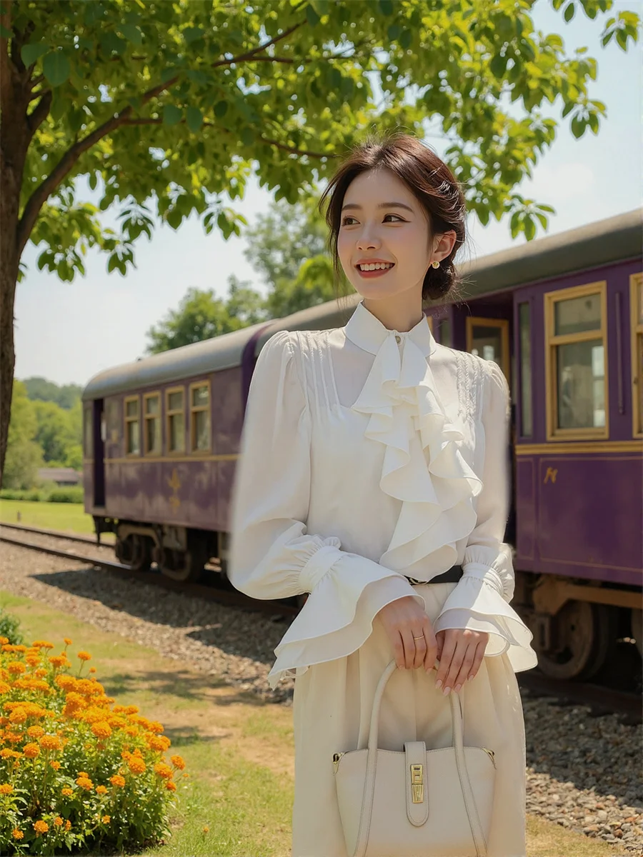 Koszule w stylu francuskim z falbankami, japońskie bluzki, damskie ubrania świąteczne, letnie bluzki w kratę, kobiece, modne wycięcia na ramionach, estetyka.