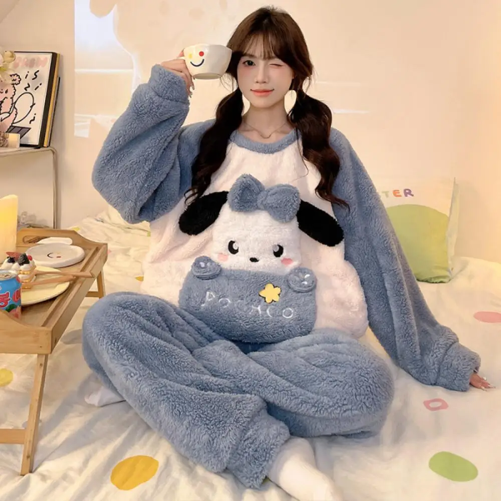 

Kawaii женский Pochacco Kuromi зимняя плюшевая ночная рубашка костюм Cinnamoroll теплый утолщенный коралловый бархатный пижамный комплект домашняя одежда для девочек
