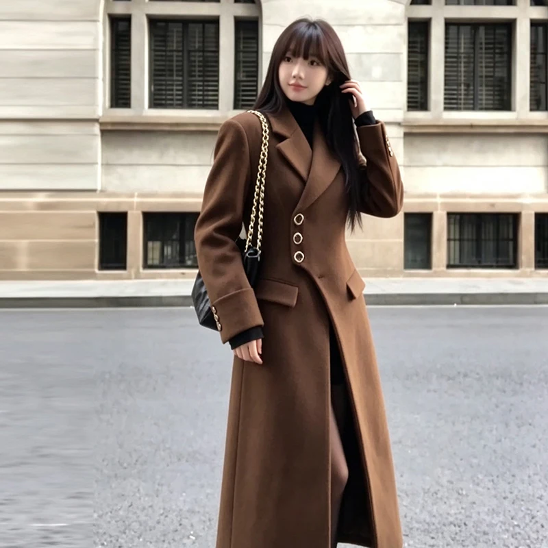 Women Hourglass Fit Maxi Coat Wool‑Blend Lapel Collar Asymmetric Buttons Slim Waist Pockets Outerwear Casual Office Overcoat