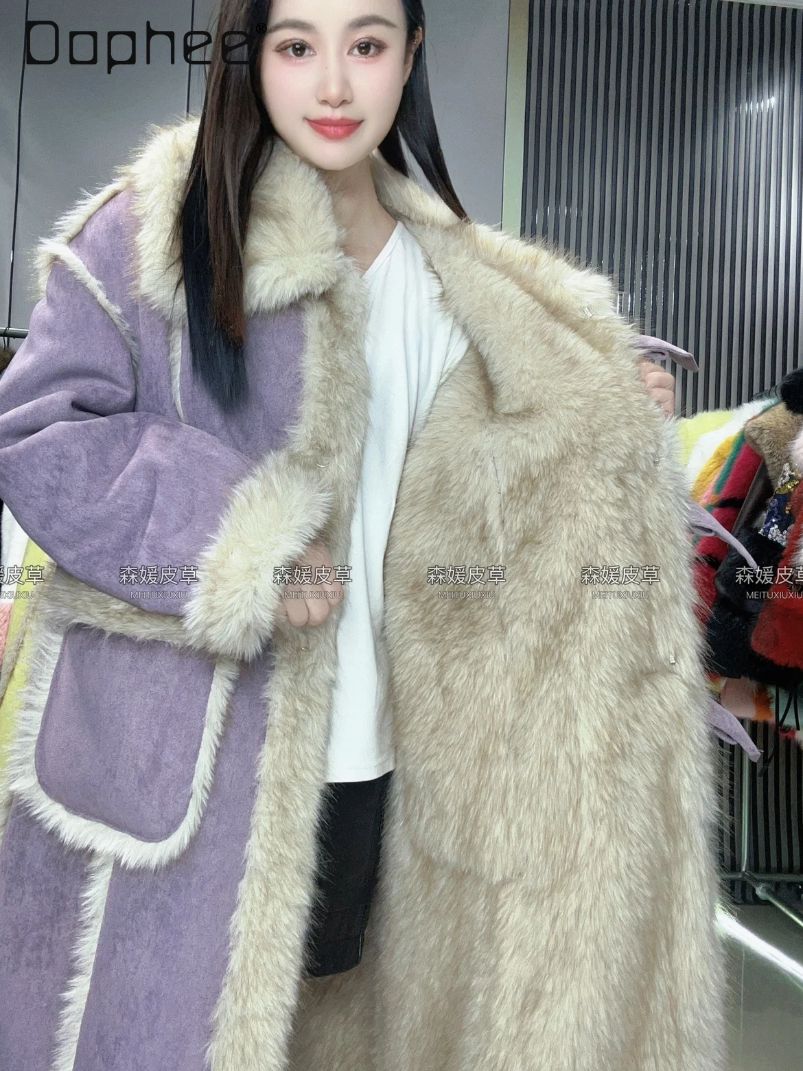 أزياء الفراء المتكاملة صديقة للبيئة معطف طويل الشتاء القوس واحدة الصدر أفخم بدوره إلى أسفل طوق الفراء سميكة الدافئة فو الفراء معطف