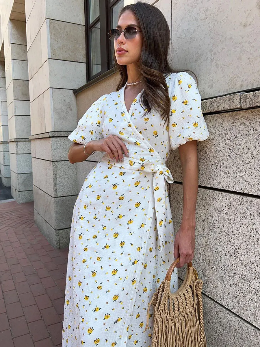 

100% Cotton Printed Dress European and American 2025 New Women's Puff Sleeve V Neck Lace-Up Short-Sleeved Printed Dress