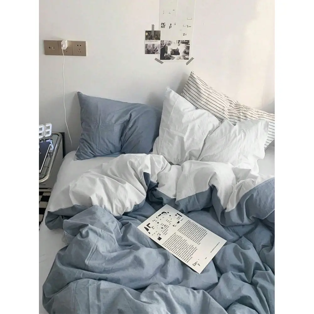 

Blue Washed Reversible Duvet Cover Set, For Boys And Girls Dormitory Bedding