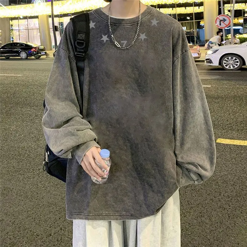 

Fashion Brand Long-sleeved Men's Retro Heavy Washing and Old Long-sleeved T-shirt Pure Cotton Inner Base Shirt