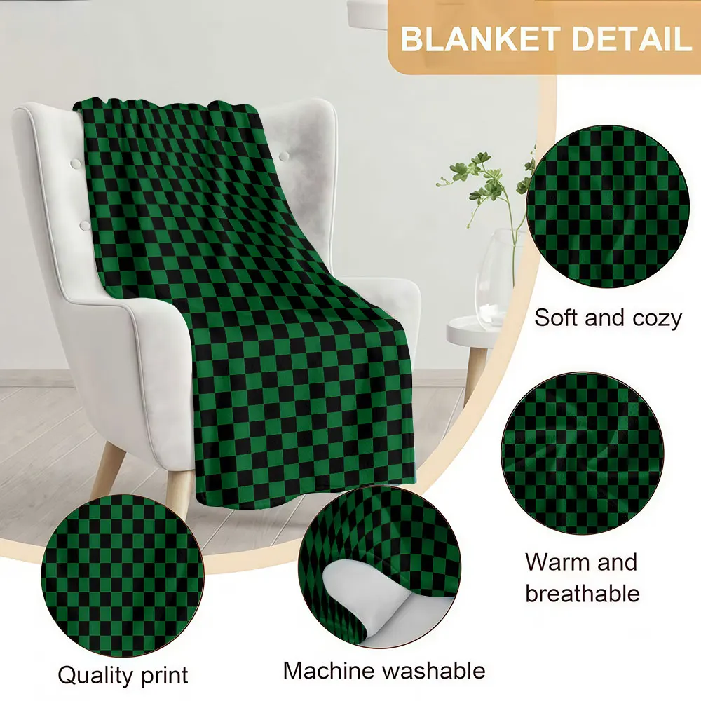 Green Black Checkerboard Soft Warm Flannel Blanket Lightweight Cozy Christmas Halloween Home Decor Room