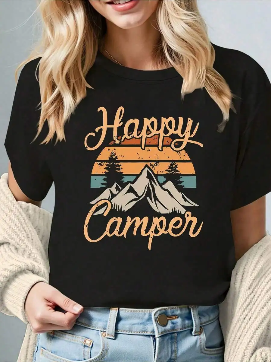 Women's Vintage Outdoor Camping Graphic Tee Happy Camper Mountain Sunset Nature Print Crewneck Short Sleeve Regular Fit Casual Top Spring Summer Hiking Vacation Gift Idea
