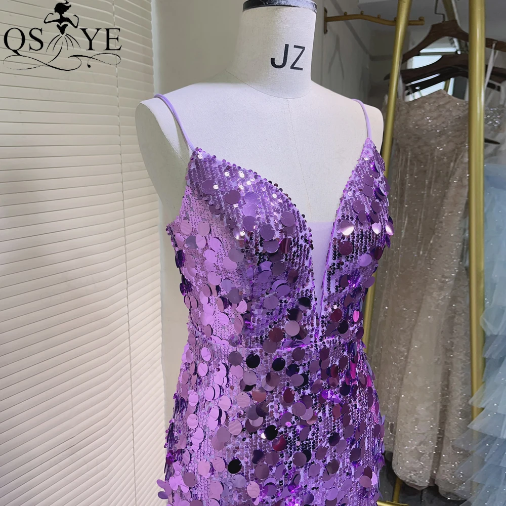 Big Sequin Purple Evening Dresses 2024 Sequined Full Mermaid V Neck Evening Gown Big Sequins Spaghetti Straps Formal Party Dress