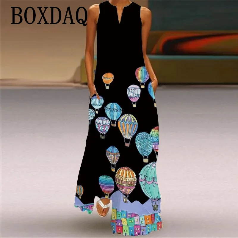 Power Flower długie sukienki damskie letnia seksowna bez rękawów, dekolt w serek, luźna sukienka moda 3D drukuj na co dzień kieszenie Maxi sukienka Sundress — zdjęcie 7