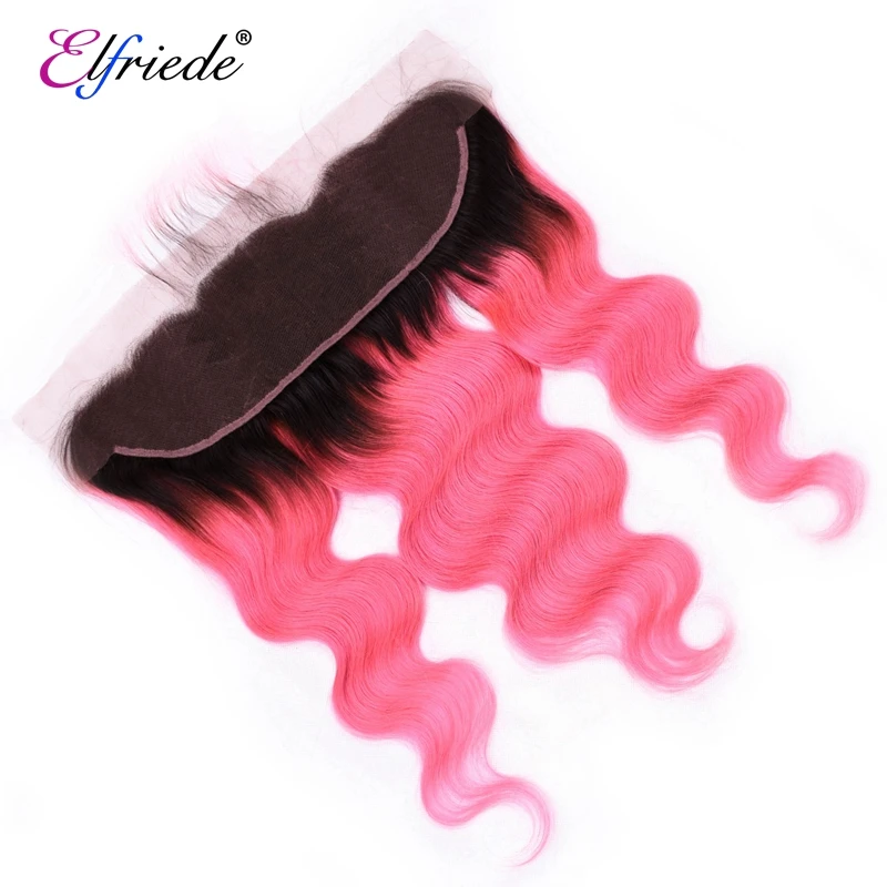 Elfriede T1B/Pink Body Wave Ombre Colored Hair Bundles with Frontal Remy 100% Human Hair Weaves 3 Bundles with Lace Frontal 13x4