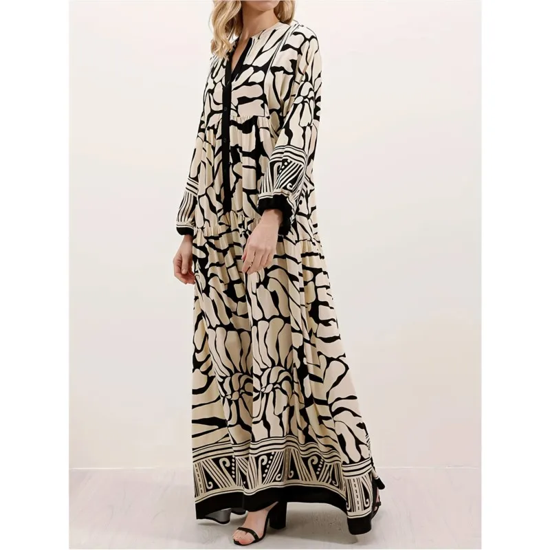 New Autumn Product Black Printed Elegant Robe Casual V-neck Lantern Sleeve Loose Dress Fashion Street Style Women's Clothing
