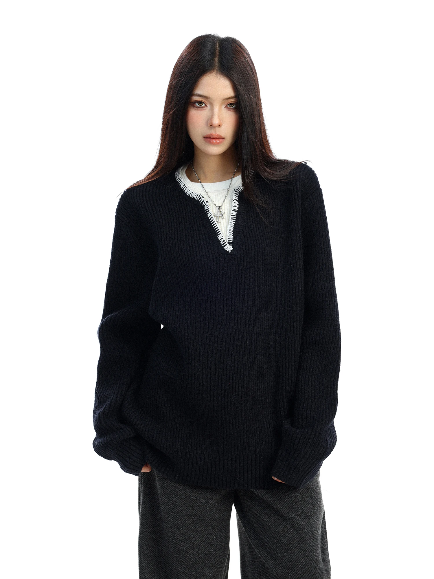 

American Sle V-Ne Sweater Women Loose Fit Autumn Winter Casual Knitted Top Color Blo Fake Two-Piece Couple's irt