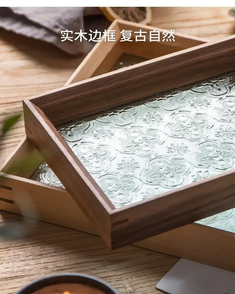 صينية خشبية مستطيلة على الطراز الياباني، صينية طاولة القهوة الخفيفة الفاخرة لتزيين المنزل والزجاج في غرفة المعيشة