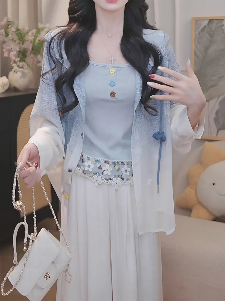 

2026 Summer Unique Fashionable Women's Sun Protection Open Cardigan Tank Top Set Casual Elegant Lightweight Long Sleeve