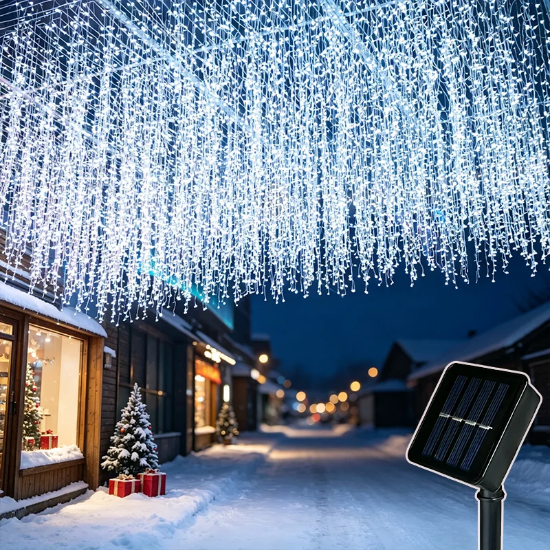 5,5M/9M Solar-Vorhang-Eiszapfen-Lichterkette für den Außenbereich, Traufe-Deko, Lichterkette für Garten, Party, Hof, Weihnachtsdekoration, Feiertags-Girlanden