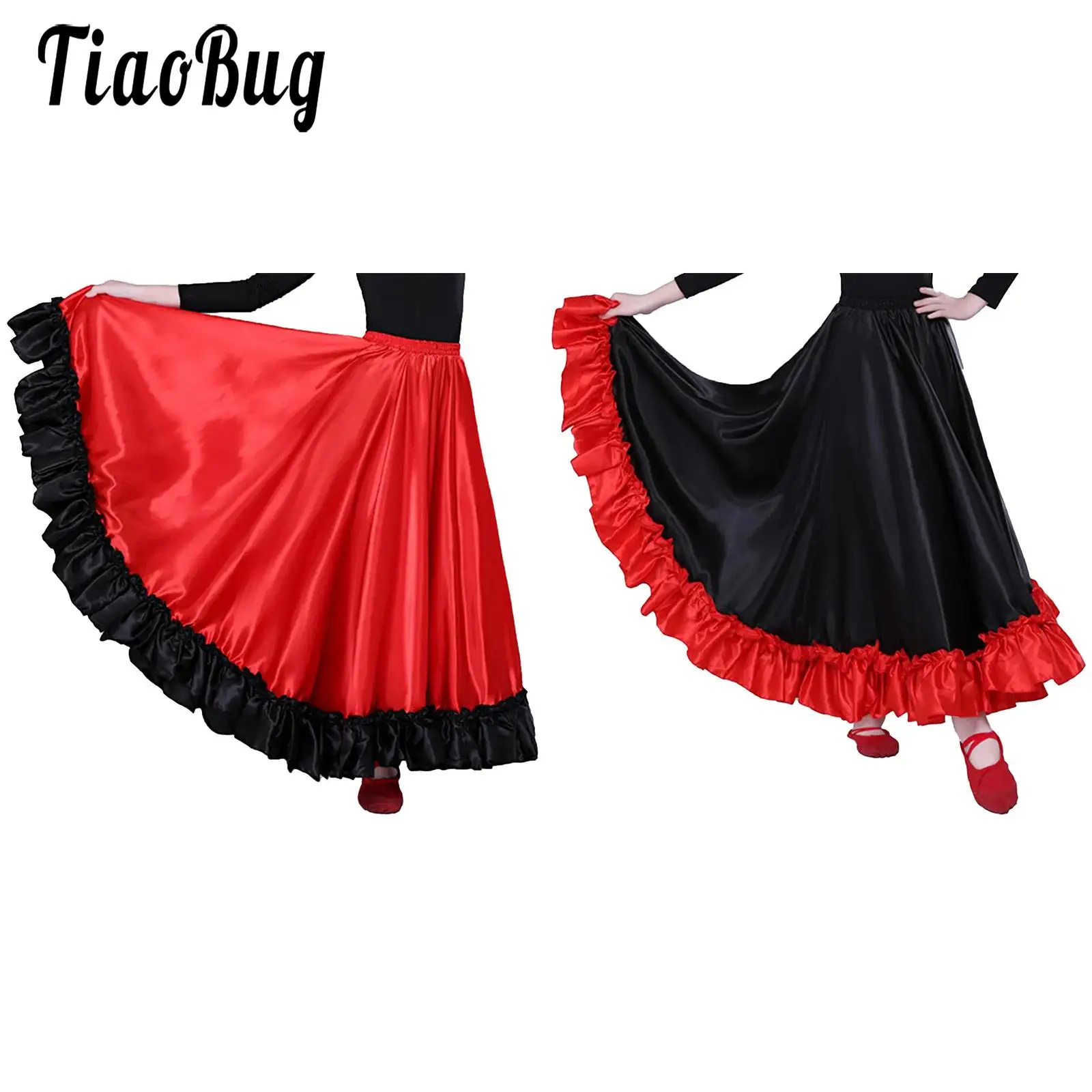 Kids Girls Spanish Bull Dance Skirts Flamenco Belly Dance Performance Big Swing Folklorico Costume Ruffled Hem Skirt 180D 360D