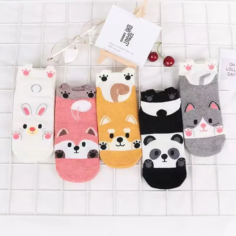 5 Pairs of Cute Cartoon Pet Socks with Cats, Dogs, and Foxes in Korean and Japanese Style for Spring and Summer, Made of Cotton, for Women
