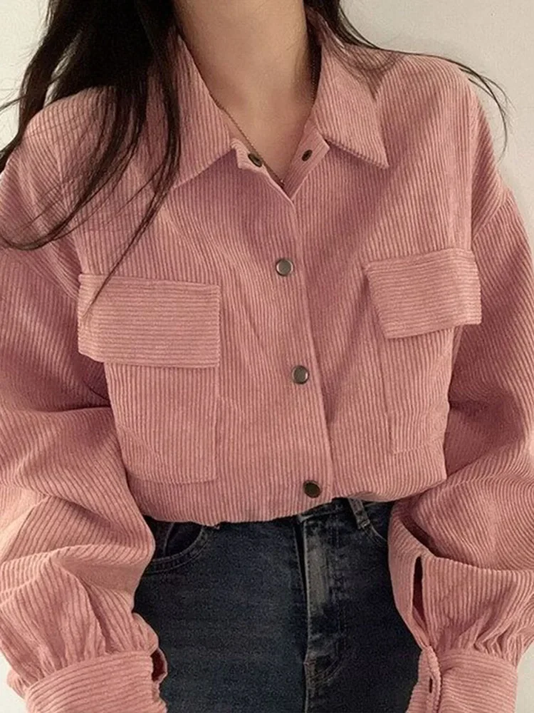 Women Vintage Corduroy Cropped Jacket Korean Fashion Long Sleeve Drawstring Blouses Female Loose Single Breasted Coats Cardigan