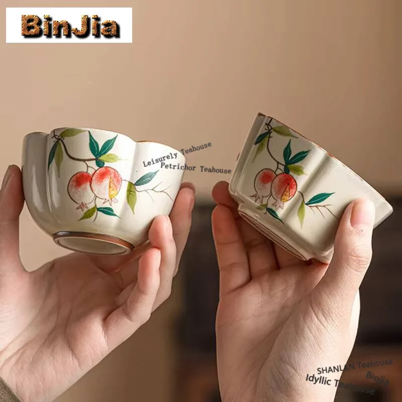 70ml Hand-painted Pomegranate Ceramic Teacup Ru Kiln Flower Master Cup For Ladies Single Tasting Tea Cup Household Kungfu Teaset