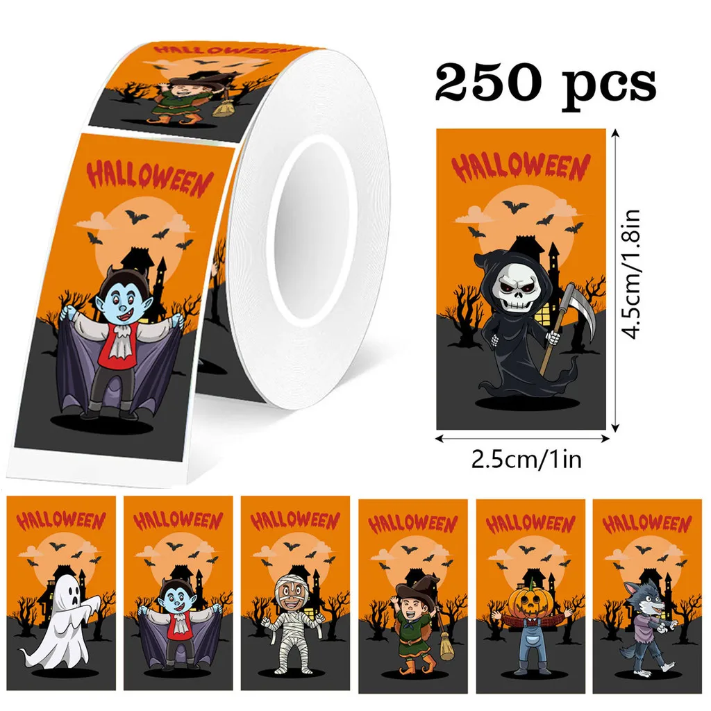 250Pcs Halloween Roll Stickers Cute Cartoon Ghost Pumpkin Vampire Self-Adhesive Party Favor Labels