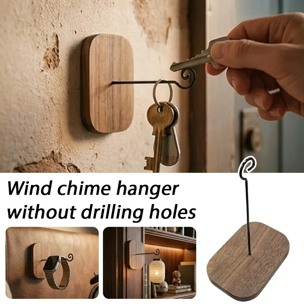 Walnut Wood Wall Hook for Hanging Plants Wind Chimes Self-Adhesive Planter Bracket No-Drill Modern Balcony Garden Decor Hanger