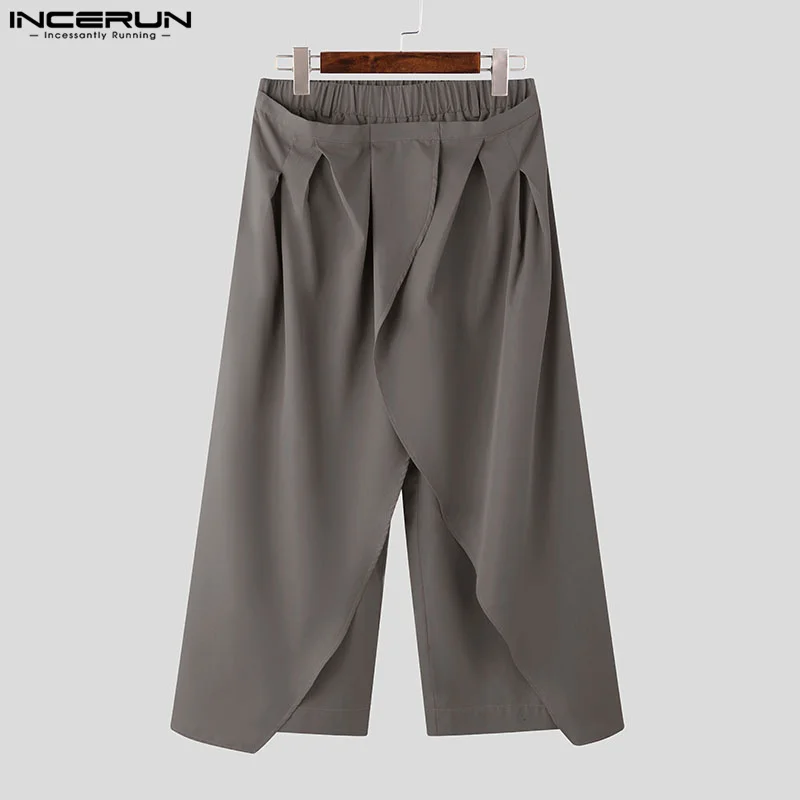 

INCERUN Men Wide Leg Pants Solid Color Pleated Elastic Waist Joggers Trousers Men Oversize Streetwear Fashion Casual Male Pants