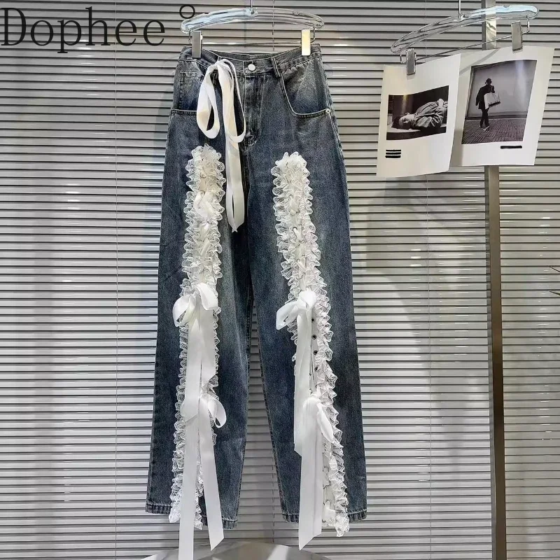 2025 New Spring Fashion Spice Girls Denim Straight Pants Elegant Bow Lace Splicing Casual Long Trousers Autumn Women Jeans