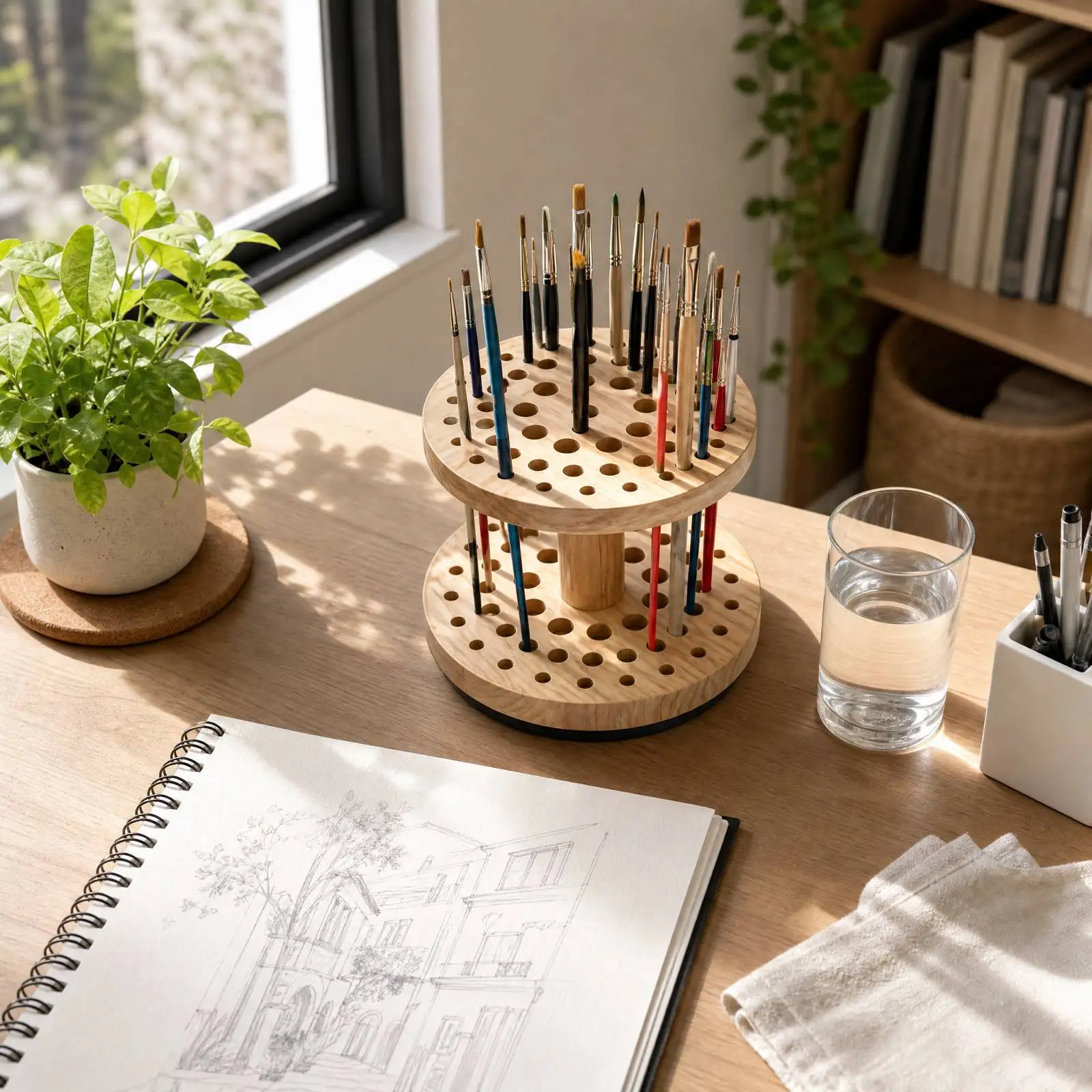 360° Swivel Wood Pen Organizer 2-Layer Multi-Hole Stand for Art Brushes Embroidery Painting Tools