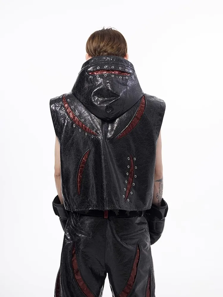 Mauroicardi Spring Autumn Cool Handsome Short Color Block Patchwork Pu Leather Vest Men with Hood Punk Style Sleeveless Jacket