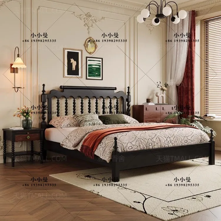 Retro style solid wood home medium and ancient style Windsor bed master bedroom modern simple walnut storage