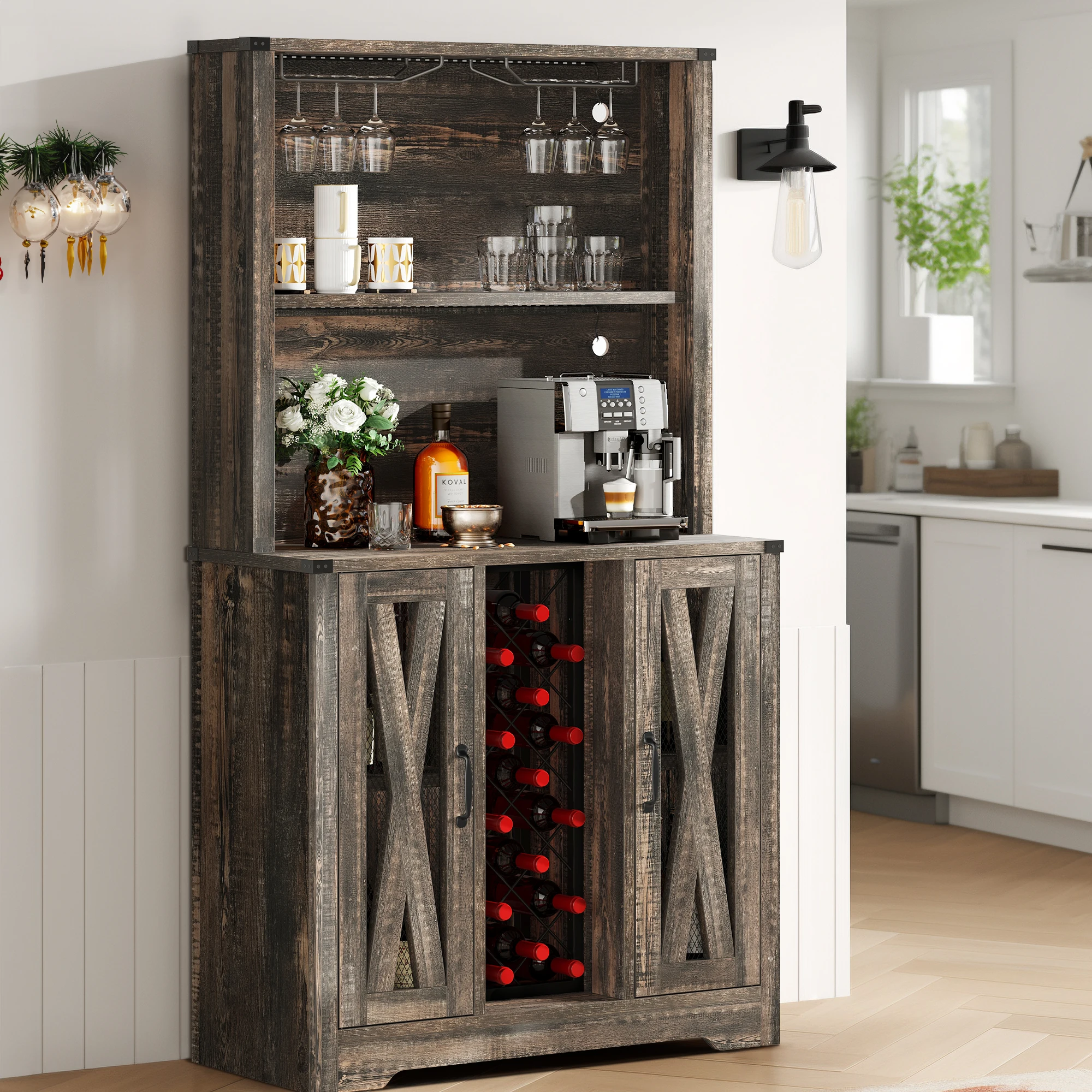 Farmhouse Corner Bar Cabinet Liquor Wine Storage Stemware Rack Display LED Light