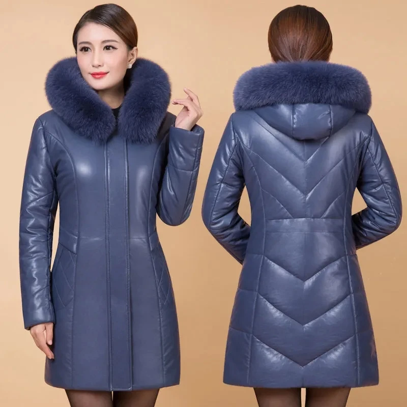 Mid-length PU Leather Coat Womens Thick Warm Down Cotton Parkas Coat Winter Jacket Casual Hooded Slim Cotton-Padded Coat Outwear